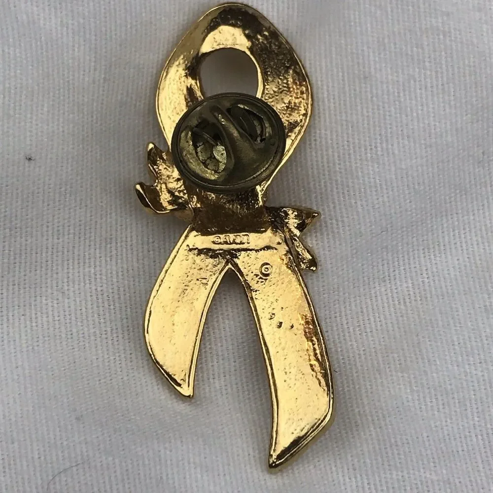Avon Gold Tone Pink Awareness Ribbon Rose Lapel Pin Vintage Brooch